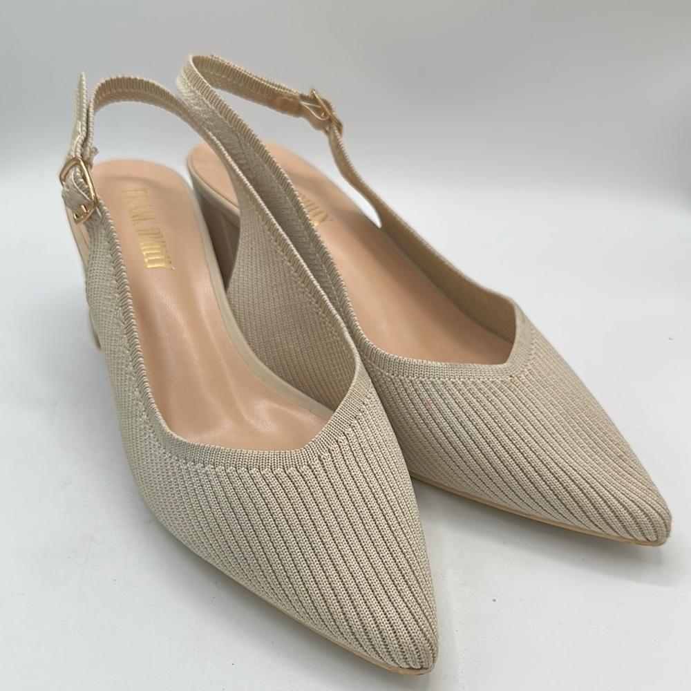 Frank Mully tan fabric slingback heels, size 7